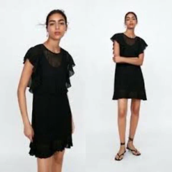 zara black textured mini dress Black textured tweed cut out dress with Pearl bead